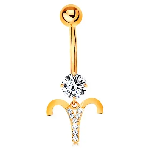 Piercing do pupka zo žltého zlata 375 - číry zirkón, symbol zverokruhu - BARAN