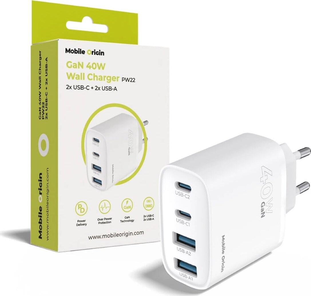 Mobile Origin 40W GaN Wall Charger PW22 2x USB-C + 2x USB-A
