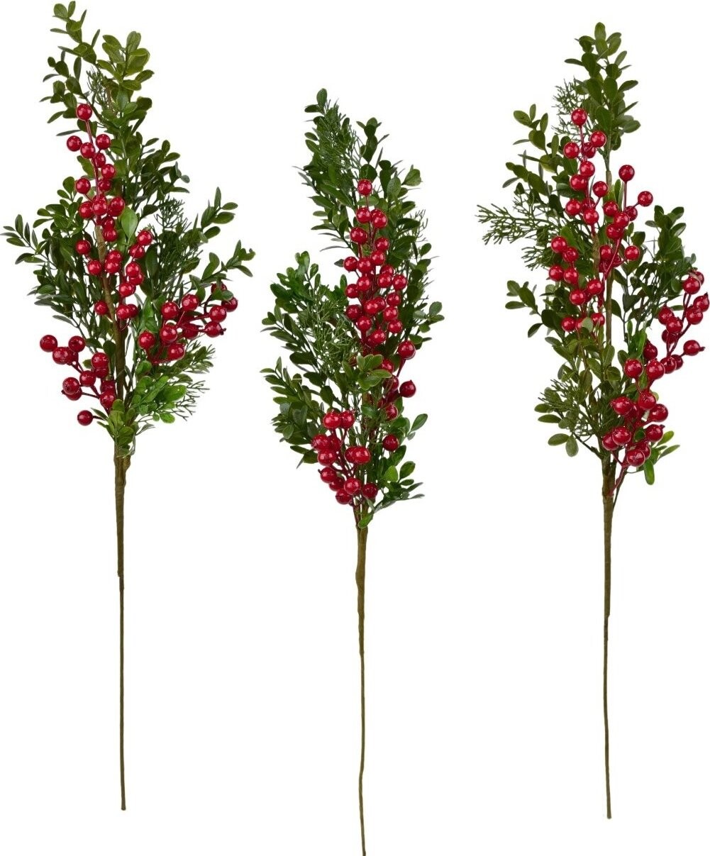 DOMMIO Vetva zdobená borievkou a bazou 70 cm, sada 3 ks