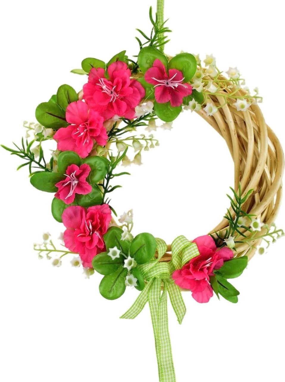 DOMMIO Veľkonočná dekorácia – Prútený venček s azalkami, zelený, 20 cm