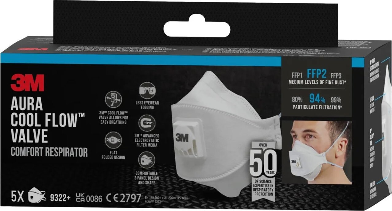 3M Aura Respirátor proti časticiam 9322-5, s ventilom FFP2, 5 kusov