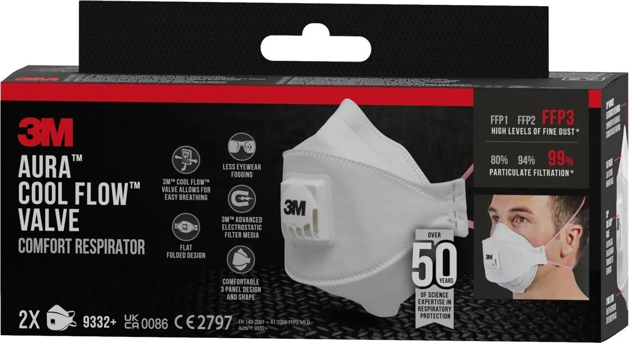 3M Aura Respirátor proti časticiam 9332-2, s ventilom FFP3, 2 kusy