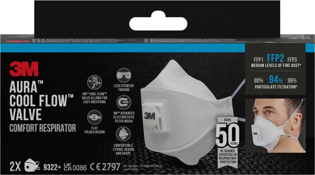 3M Aura Respirátor proti časticiam 9322-2, s ventilom FFP2, 2 kusy