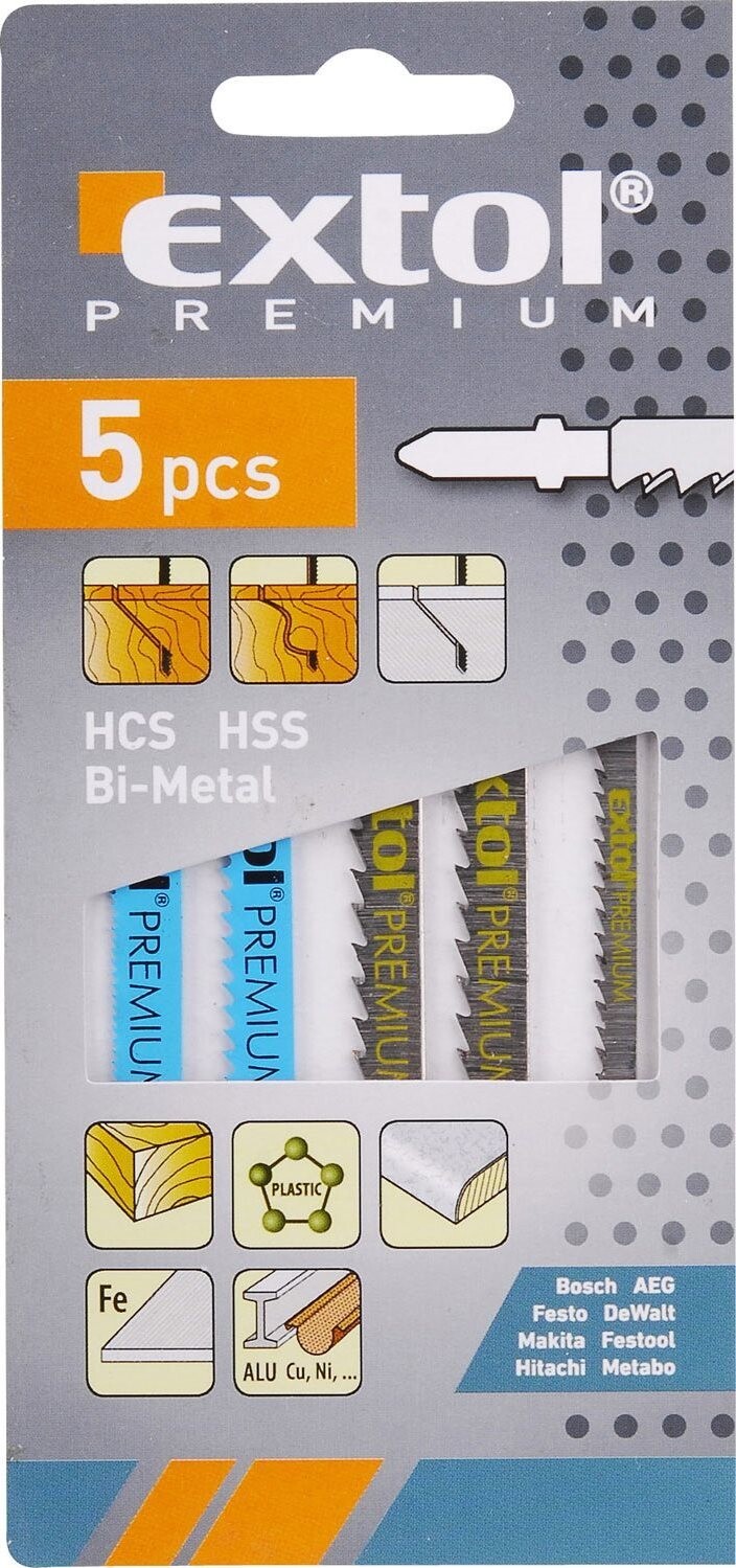 EXTOL PREMIUM plátky do priamočiarej píly – mix, sada 5 ks, Bi-metal, HSS, HCS, 8805100