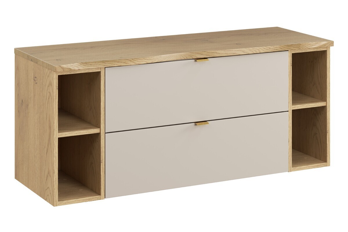Závěsná skříňka pod umyvadlo Dalia Cashmere Nature s deskou a regály 120 cm dub cremona/kašmírová