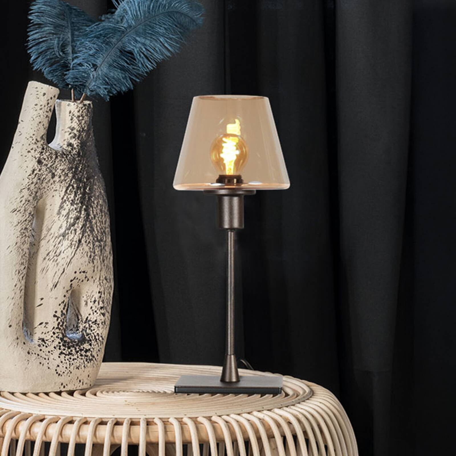 Stolová lampa Ancilla hnedá/jantárová, 33 cm, kov, sklo, E14