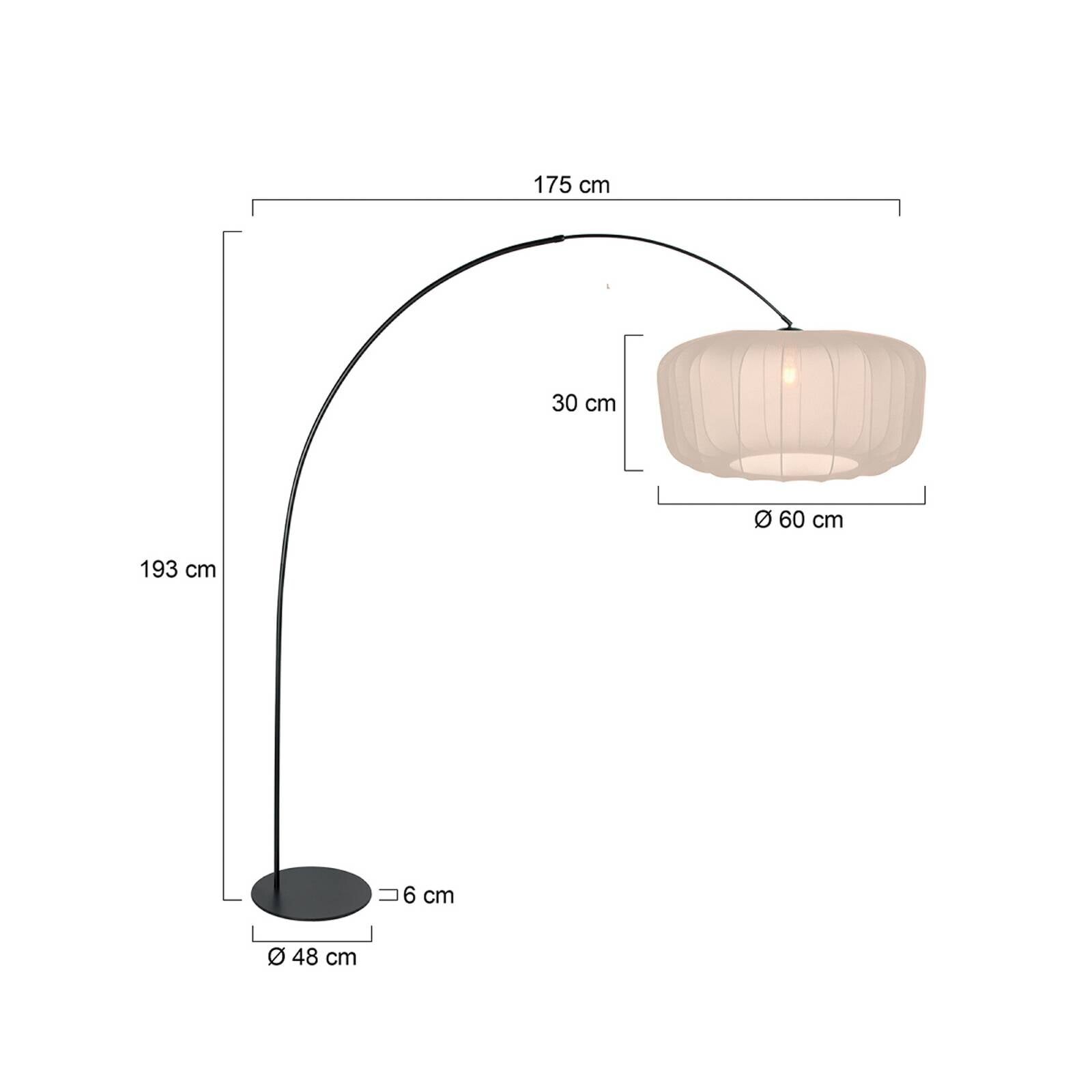 Lukové svietidlo Curve, čierne, tienidlo na lampu z nylonu v krémovej farbe, Ø