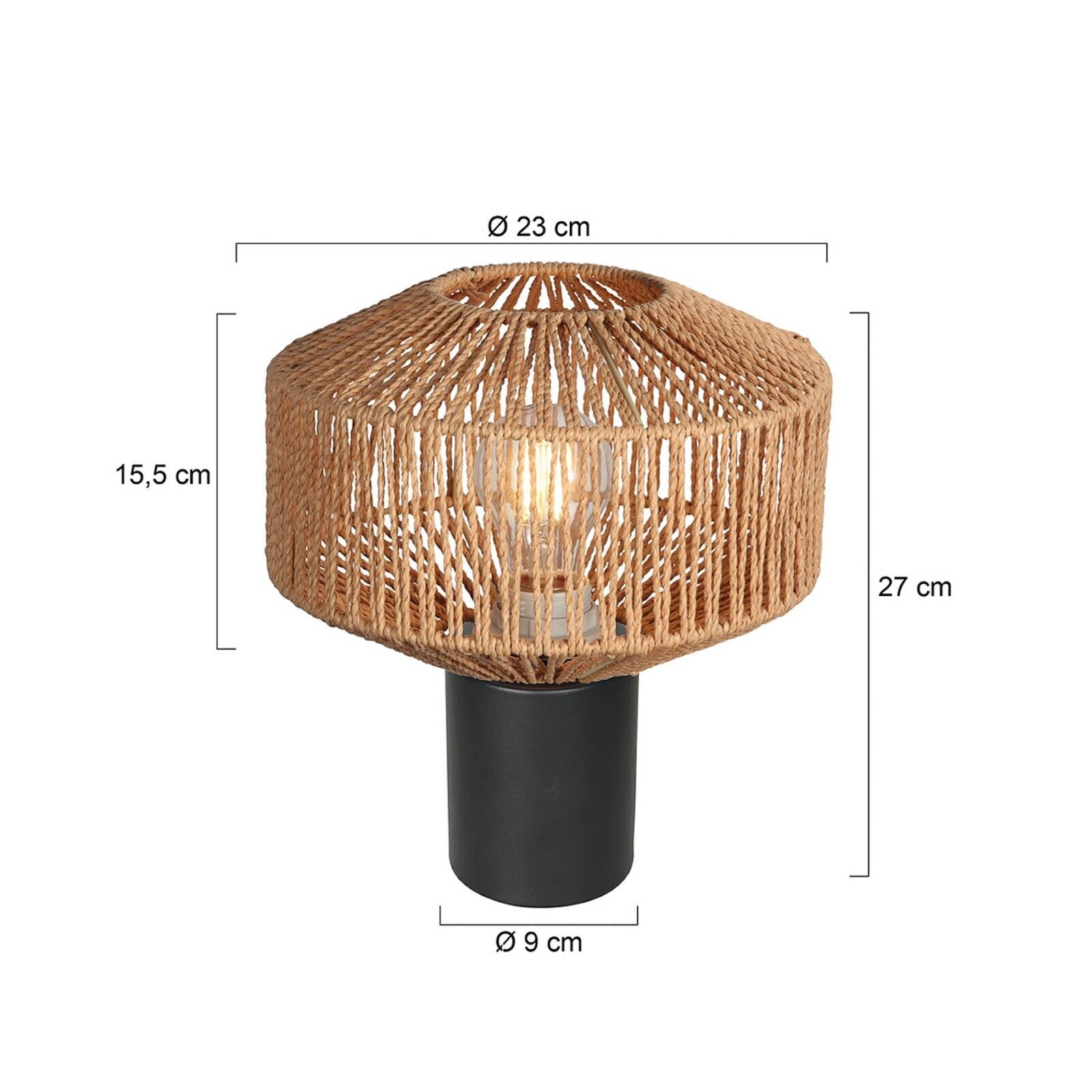Stolová lampa Bloeba, čierna, s hnedým lanovým poťahom, Ø 23 cm