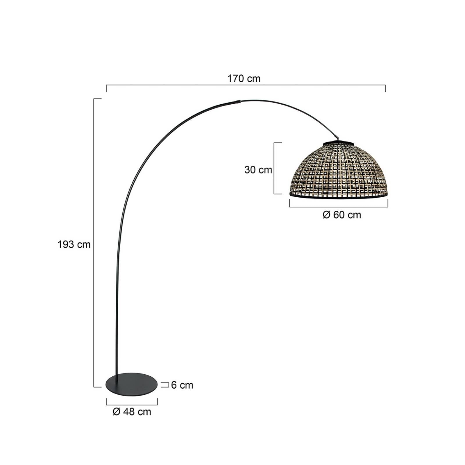 Lukové svietidlo Curve, čierne, tienidlo na lampu z bambusového prútia, Ø 60 cm