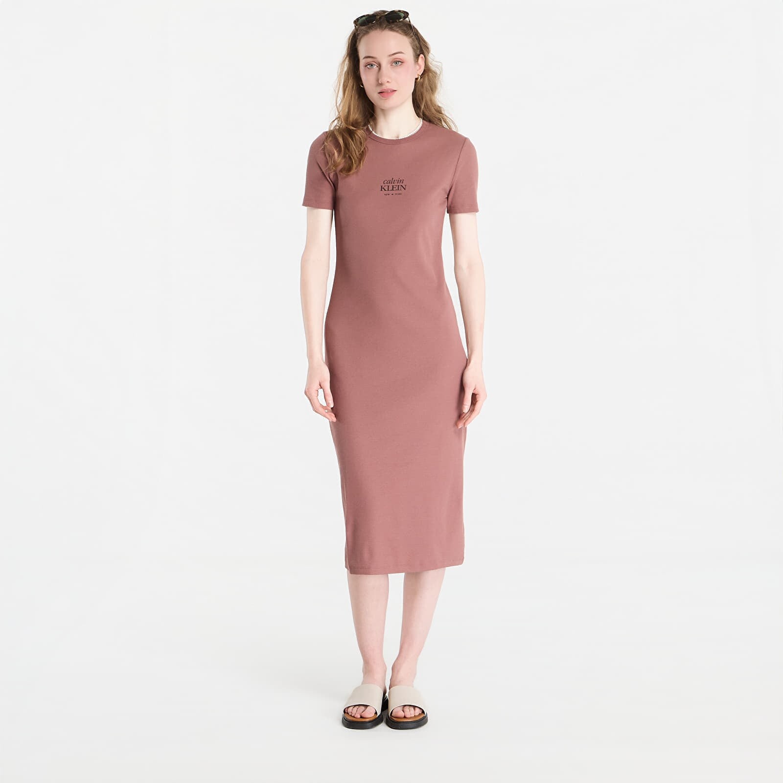Oblečenie Calvin Klein Jeans Ss 2X2 Baby Rib Logo Midi Dress Sierra Brown S