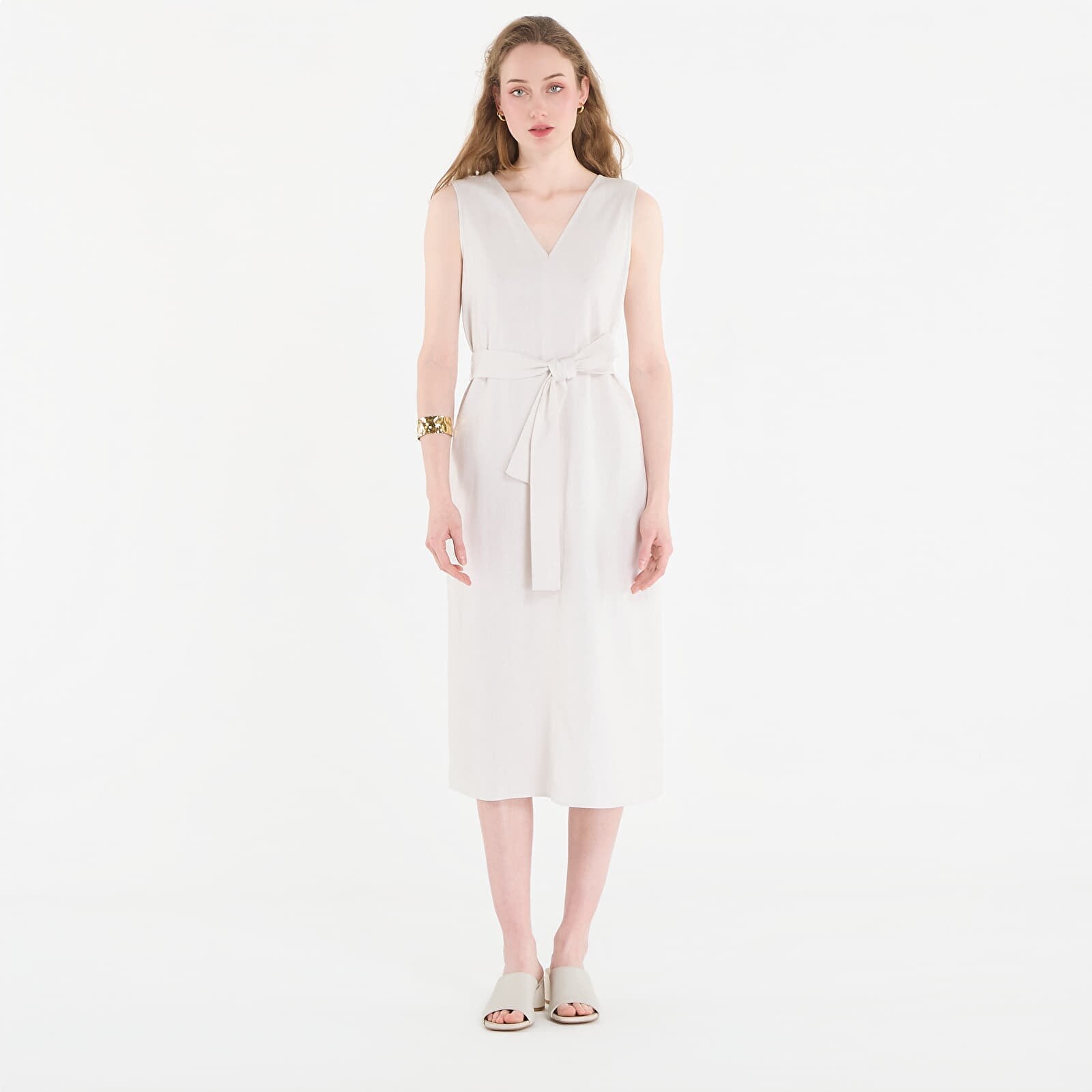 Oblečenie Calvin Klein Linen V Neck Sleeveless Dress White Sand M