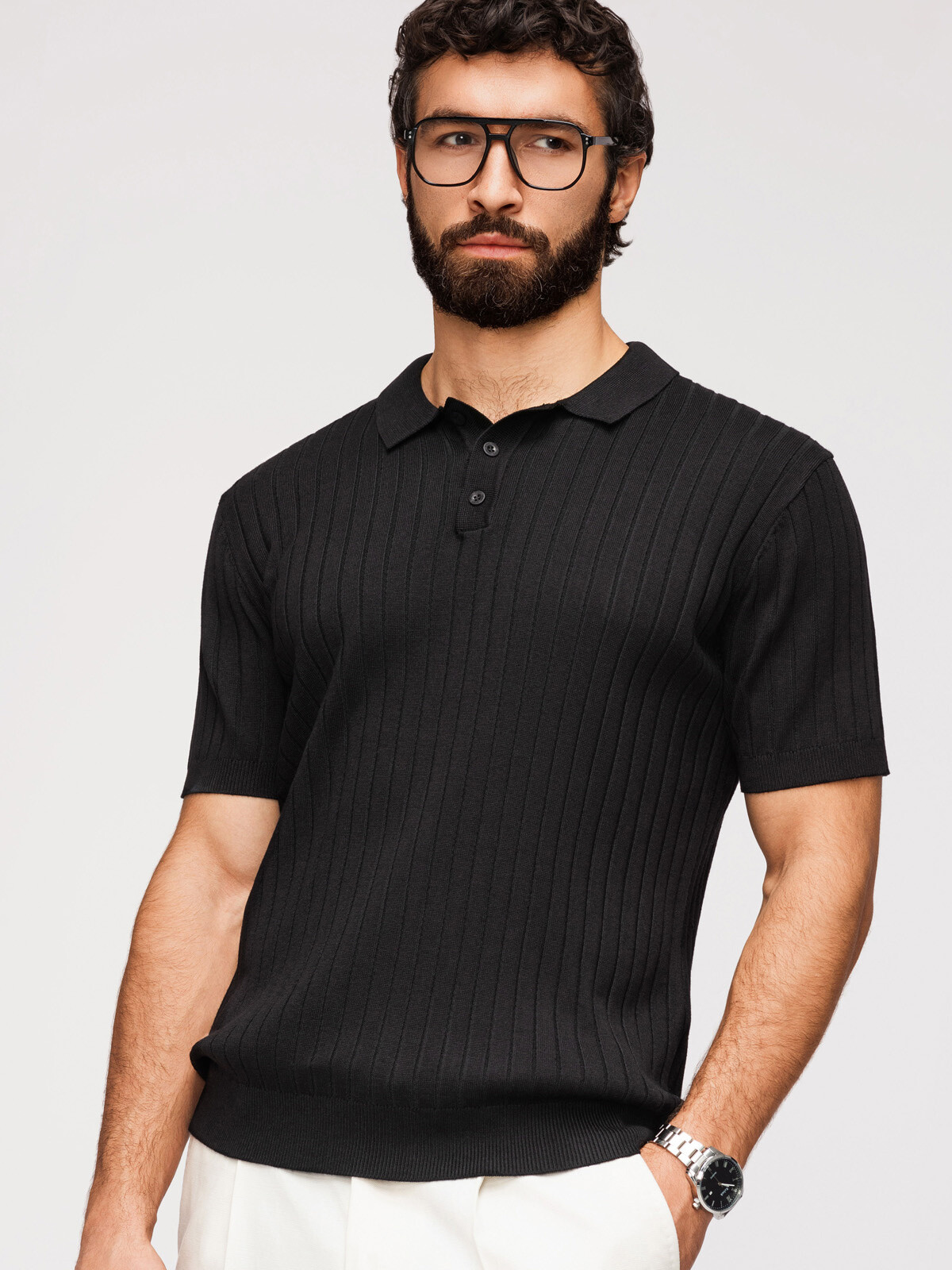 Ombre pánske SLIM FIT pruhované polo tričko - čierne