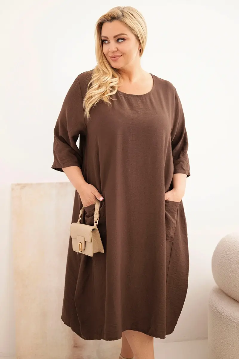 Plus Size šaty s vreckami, hnedé