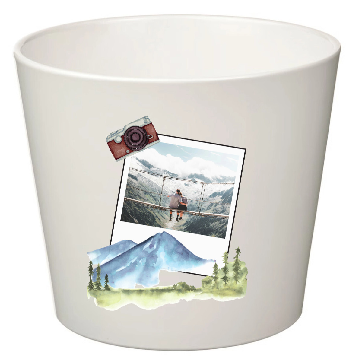 Bílý keramický květináč s polaroidem z dovolené - velký