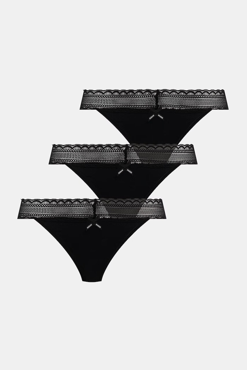 HUGO tangá dámske bavlnené s elastanom TRIPLET LACE STRING 3-pak