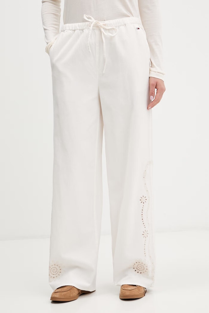 Tommy Jeans nohavice wide leg dámske s prímesou ľanu