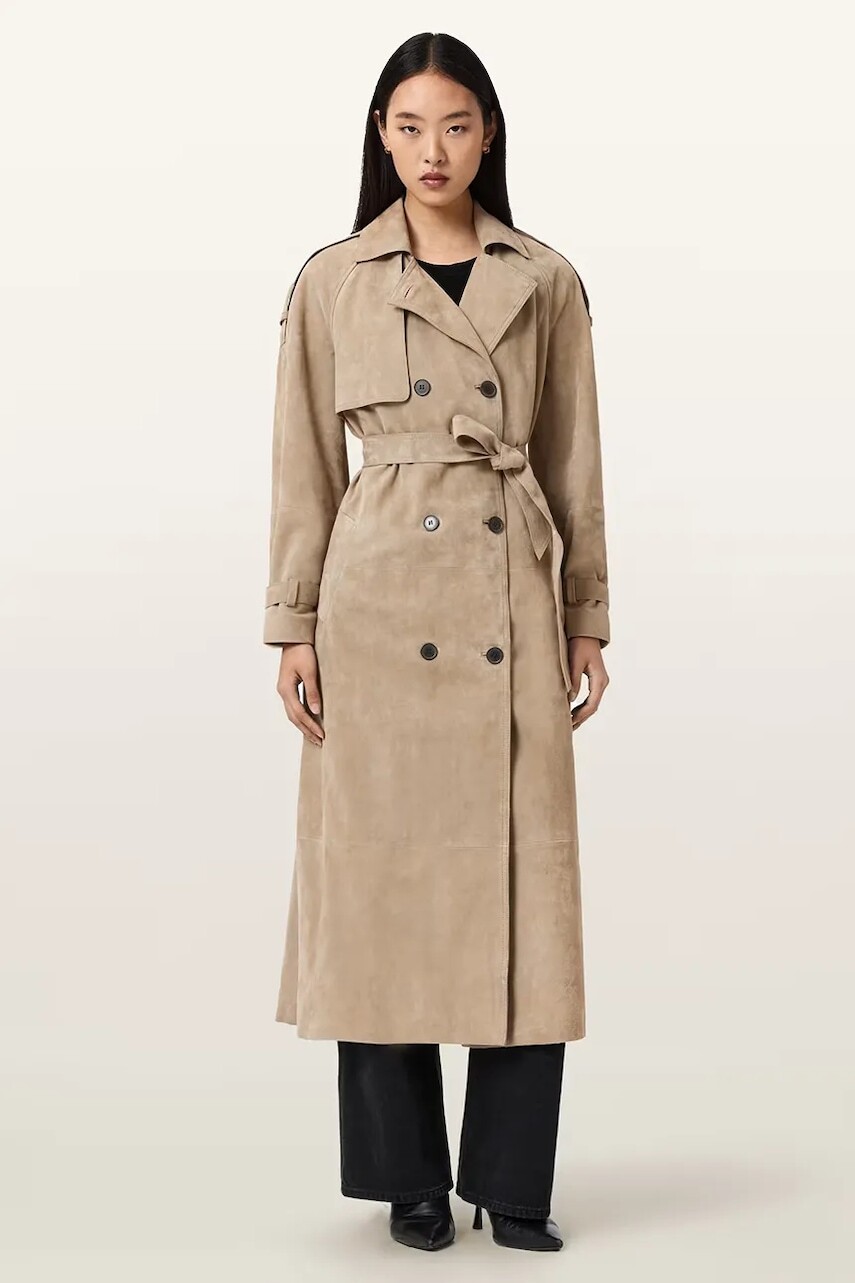 AllSaints trenčkot dámsky semišový REED SUEDE