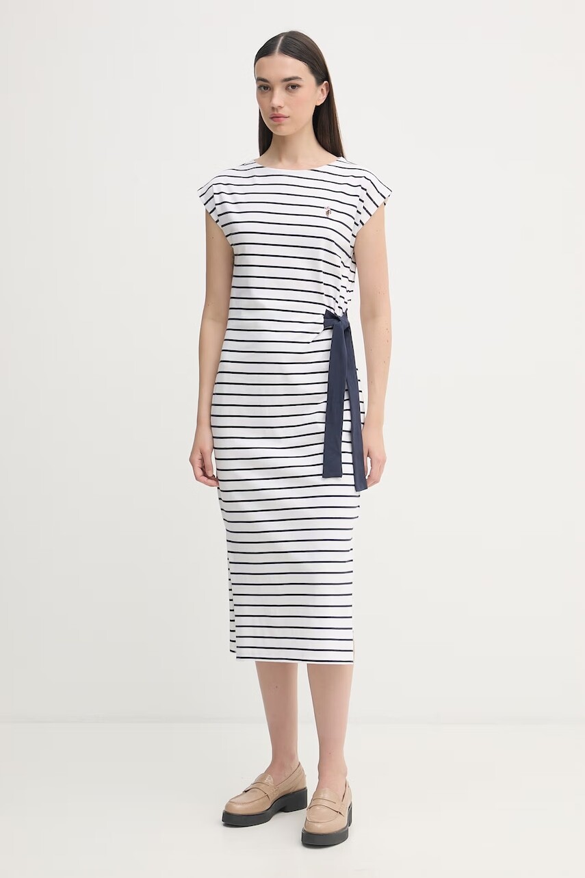 U.S. Polo Assn. šaty bavlnené GROWN ON SLEEVE TIE-DETAIL STRIPE MIDI
