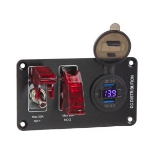 Prepínačový panel 2× spínač, 2× USB QC3.0 a USB-C PD zásuvkou s voltmetrom – 12 V