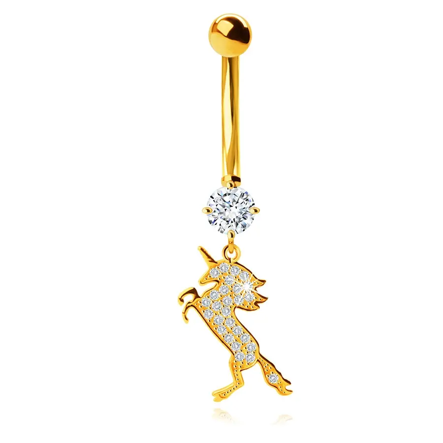 Piercing do pupka zo žltého 9K zlata - skákajúci jednorožec, číre zirkóniky