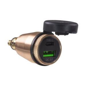 USB nabíjačka QC3.0 + USB-C PD do DIN zásuvky – 12 V, letecký hliník