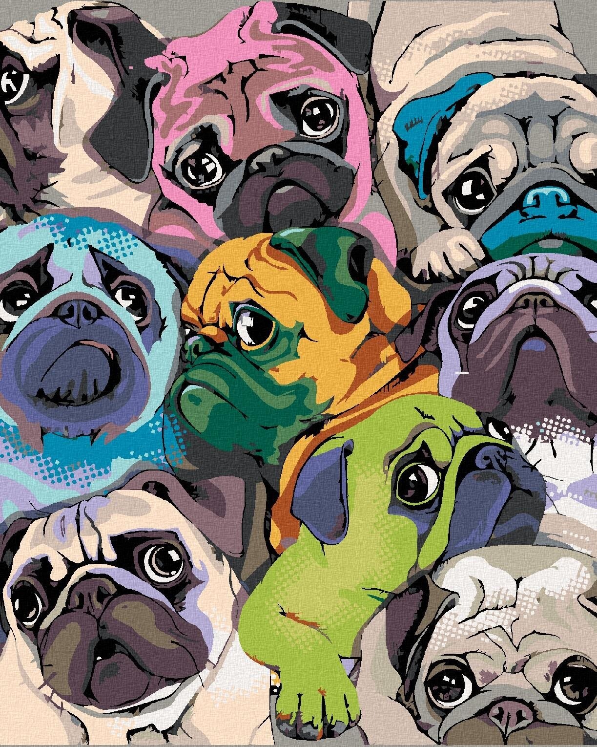 Maľovanie podľa čísel – Farebné mopsy, 80 × 100 cm, napnuté plátno na rám