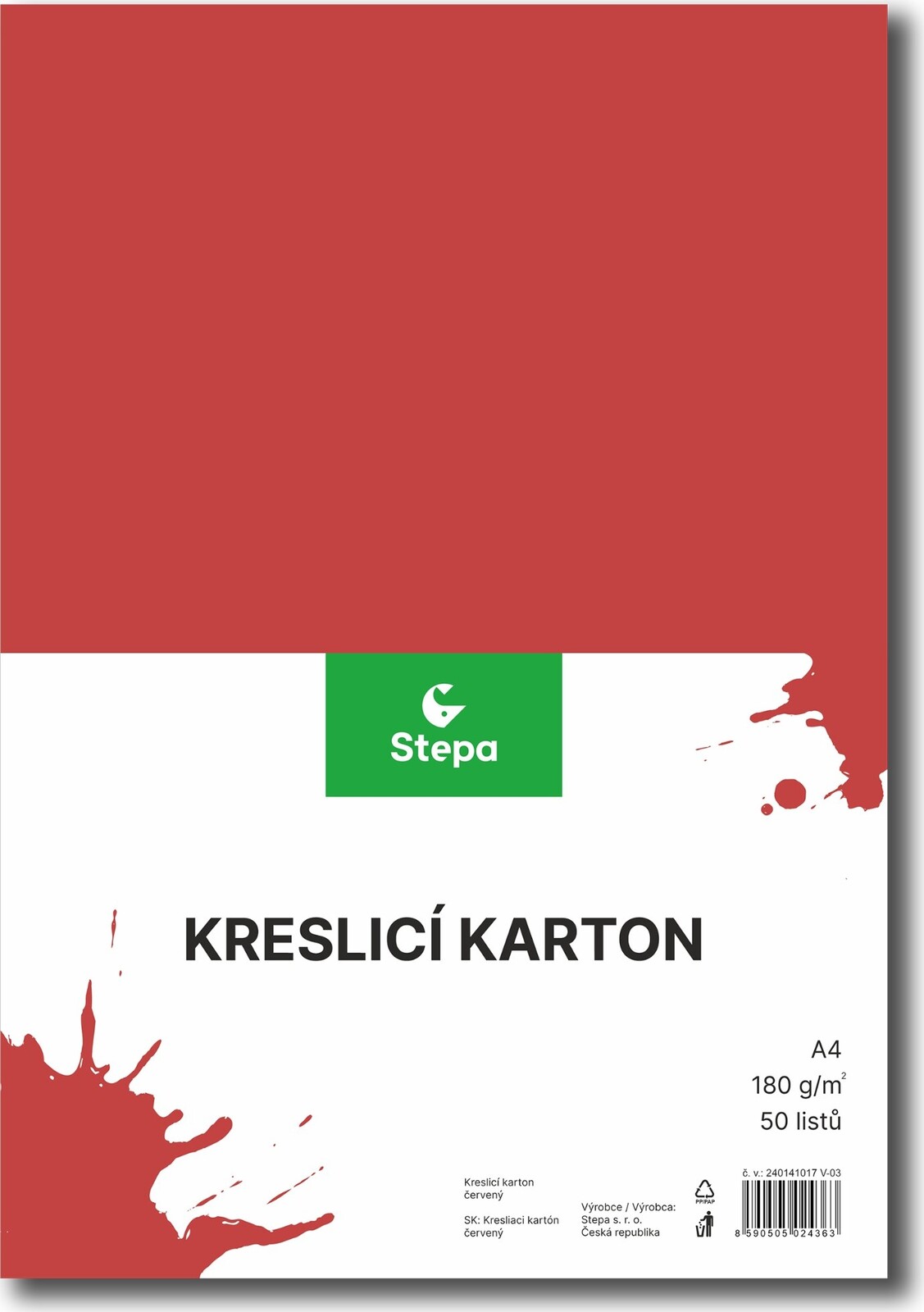 STEPA kresliaci kartón A4, 50 listov, 180 g/m2, červený