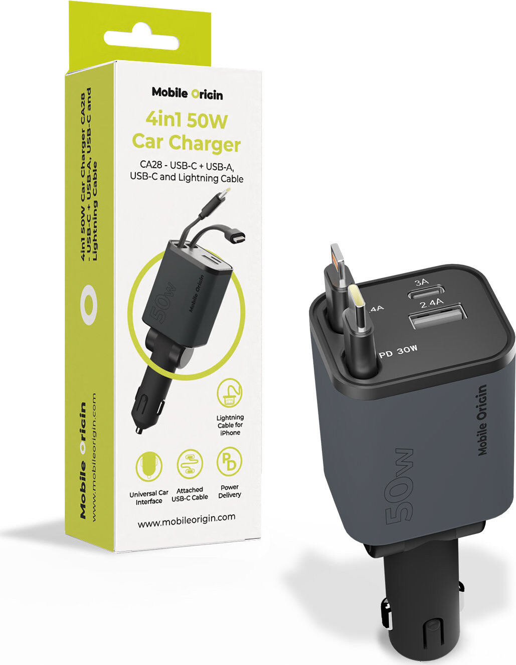 Mobile Origin 4in1 50W Car Charger CA28 USB-C + USB-A USB-C And Lightning Cable