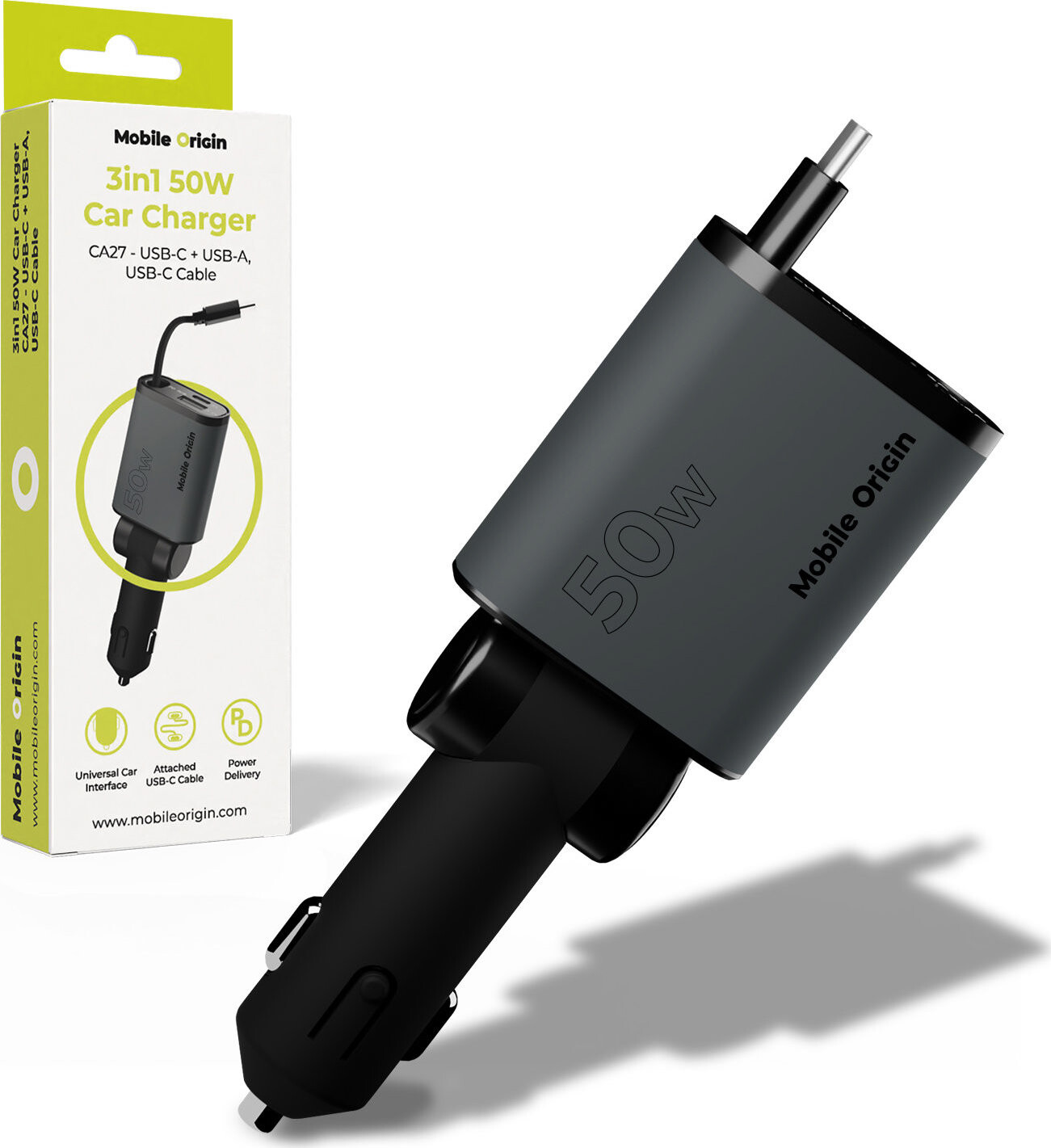 Mobile Origin 3in1 50W Car Charger CA27 USB-C + USB-A USB-C Cable