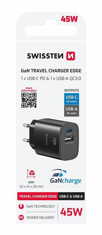 Swissten Edge GaN 1x USB-C PD 45W + 1x USB-A 18W QC Černý