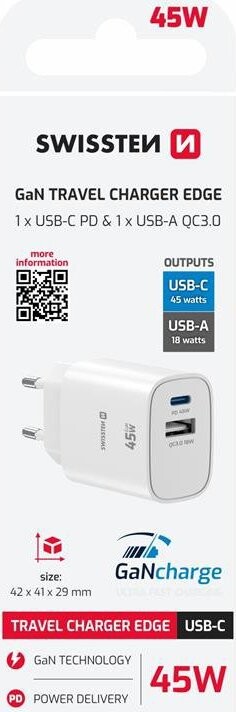 Swissten Edge GaN 1x USB-C PD 45W + 1x USB-A 18W QC Bílý