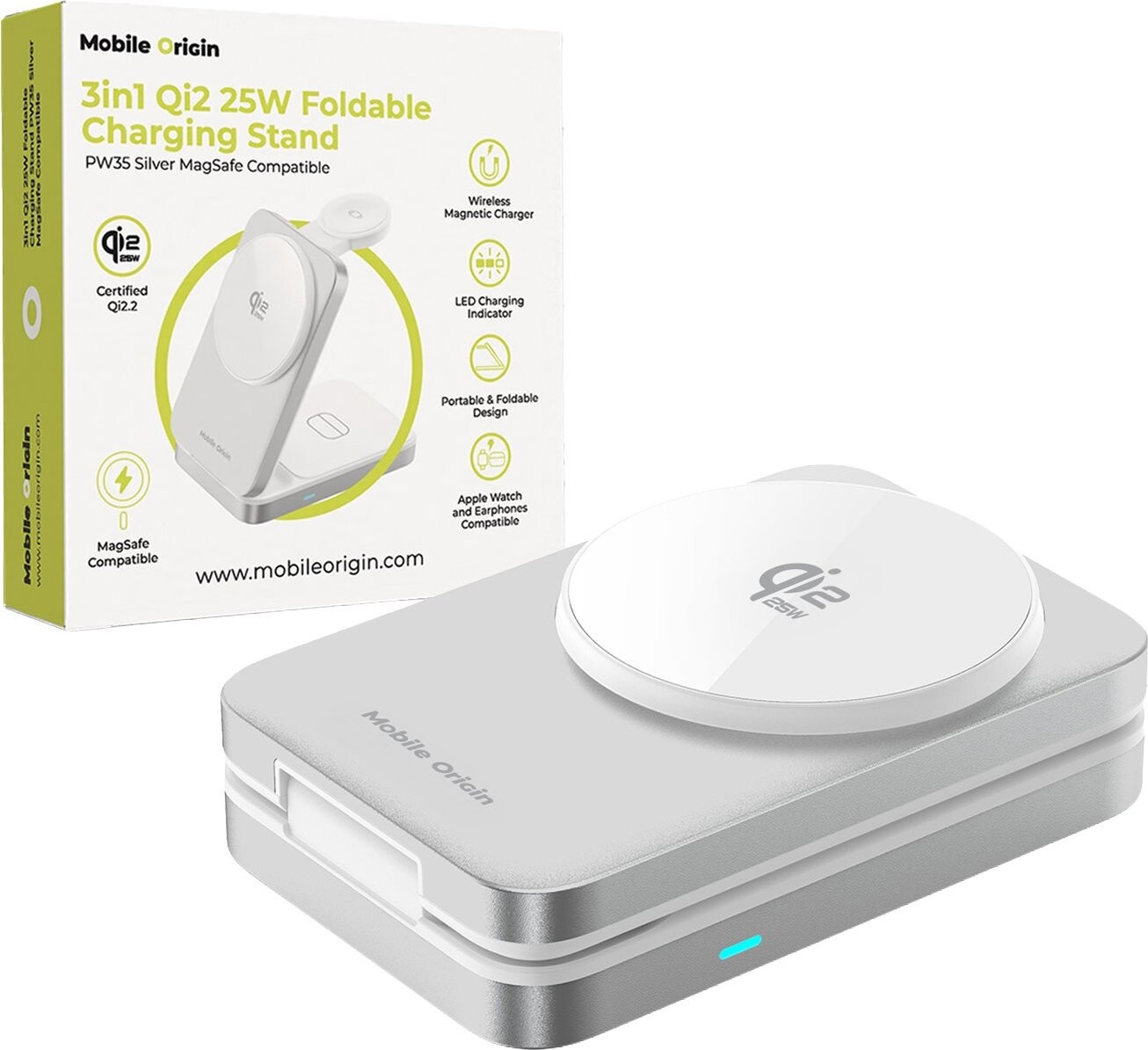 Mobile Origin 3in1 Qi2 25W Foldable Charging Stand PW35 MagSafe Compatible Silver