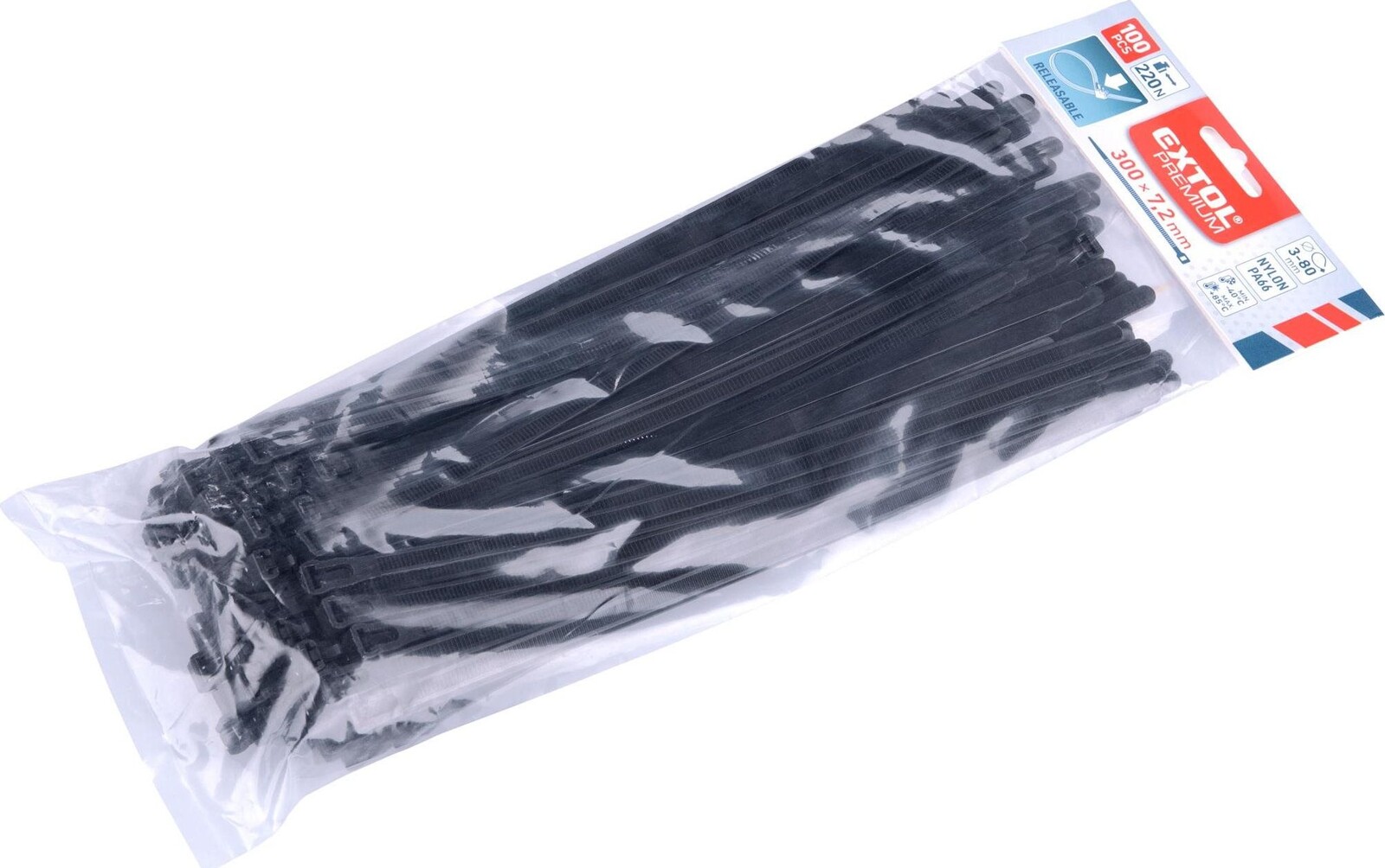 EXTOL PREMIUM pásky sťahovacie čierne, rozpojiteľné, 300 × 7,2 mm, 100 ks, nylon PA66, 8856258