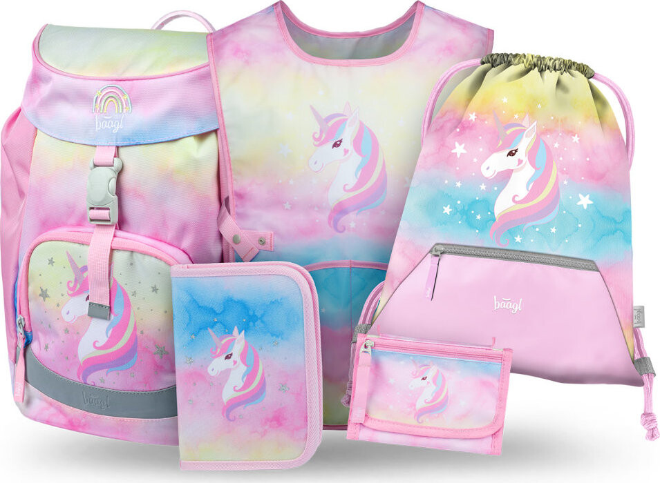 BAAGL SADA 5 Airy Rainbow Unicorn: batoh, peračník, vrecko, zástera, peňaženka
