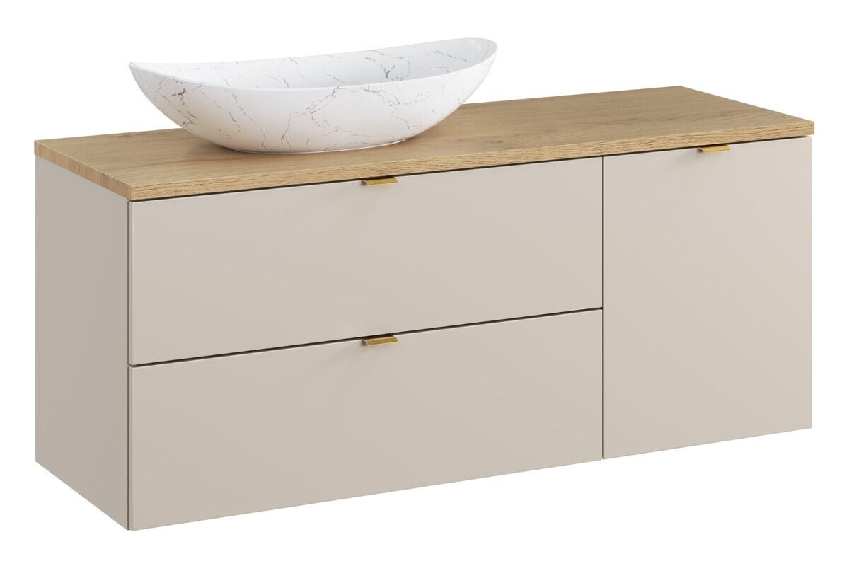 Závěsná skříňka pod umyvadlo Dalia Cashmere Nordic Lena s deskou, košem na prádlo a umyvadlem 120 cm béžová/dub cremona