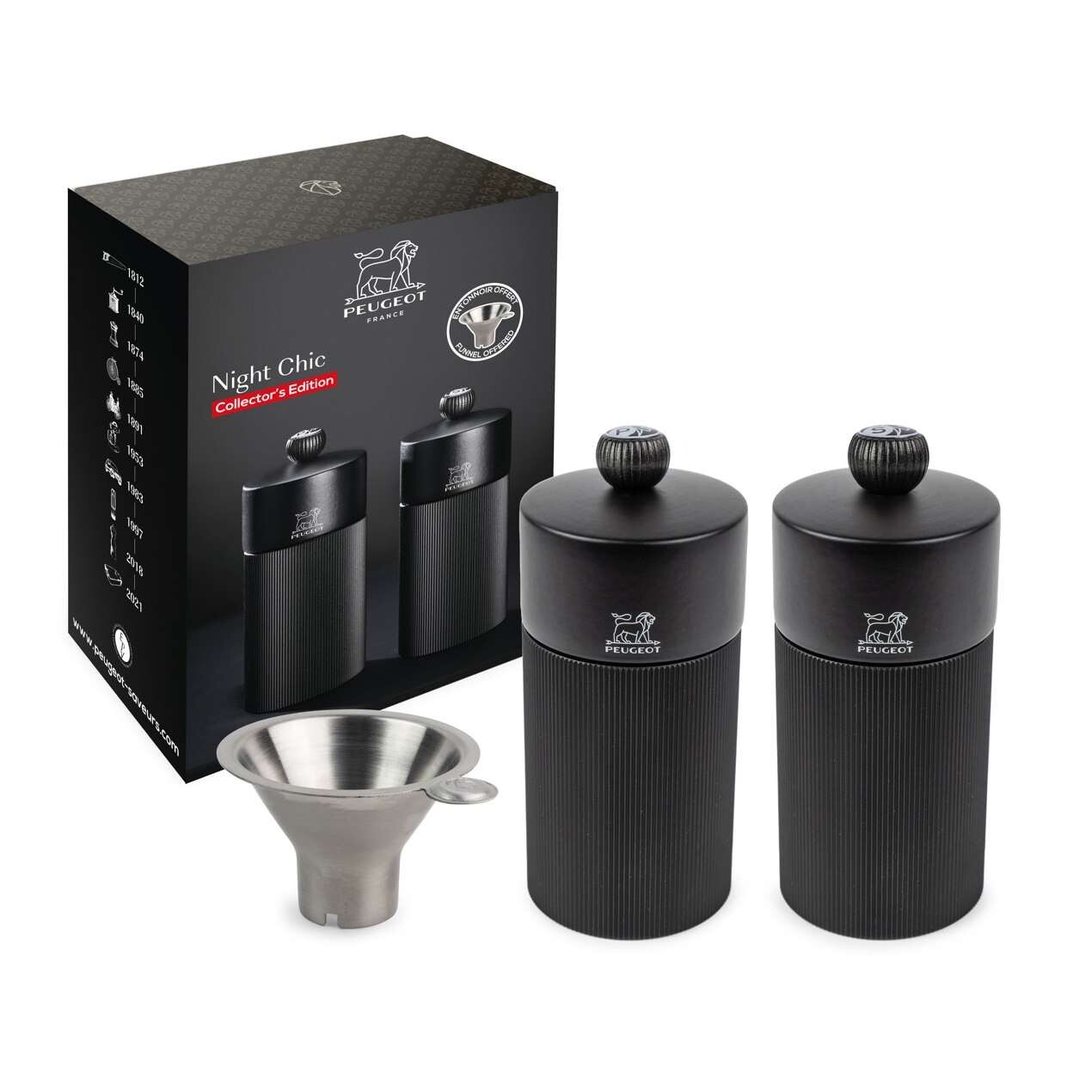 Peugeot Sada mlynčekov na soľ a korenie Line Zirlion, 12 cm, carbon + lievik na korenie 4328500