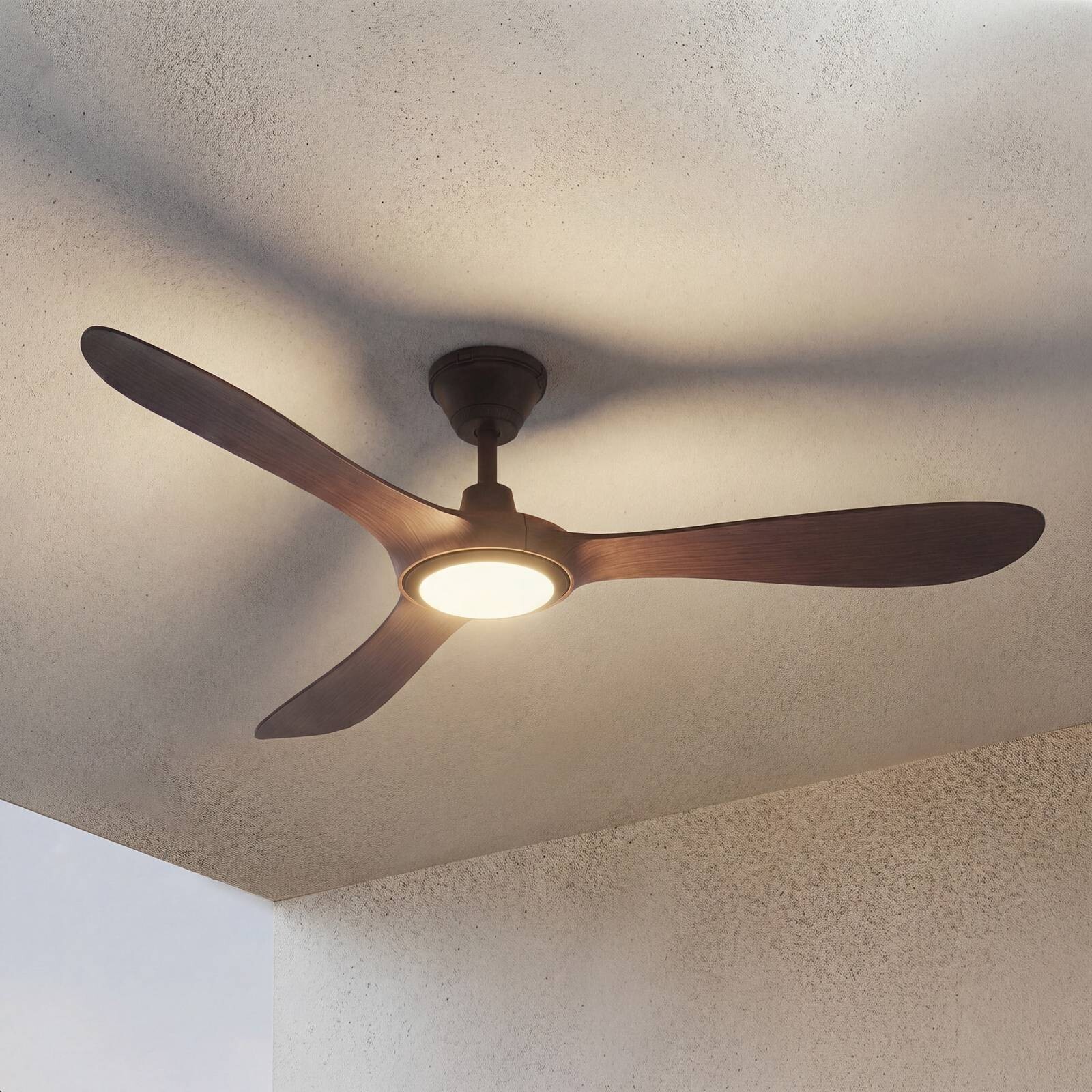 Vonkajší stropný ventilátor Lucande LED Winrod, tmavé drevo, stmievateľné