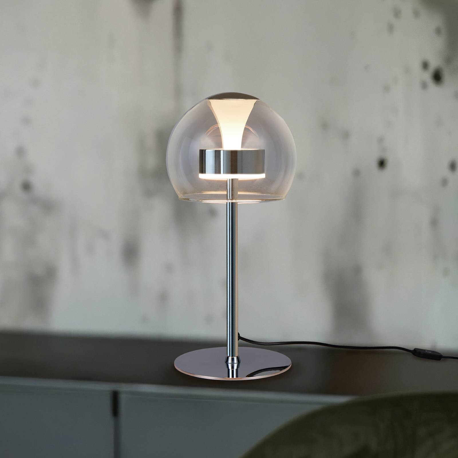 stolová LED lampa Flynt, výška 35 cm, chrómová farba, kov, CCT