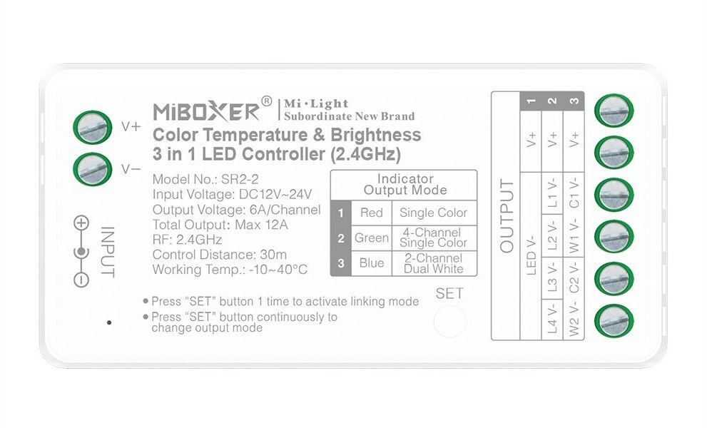 LED Solution Mi-Light MiBoxer RF Prijímač 3v1 pre jednofarebné a CCT LED pásiky, 4-kanálový SR2-2