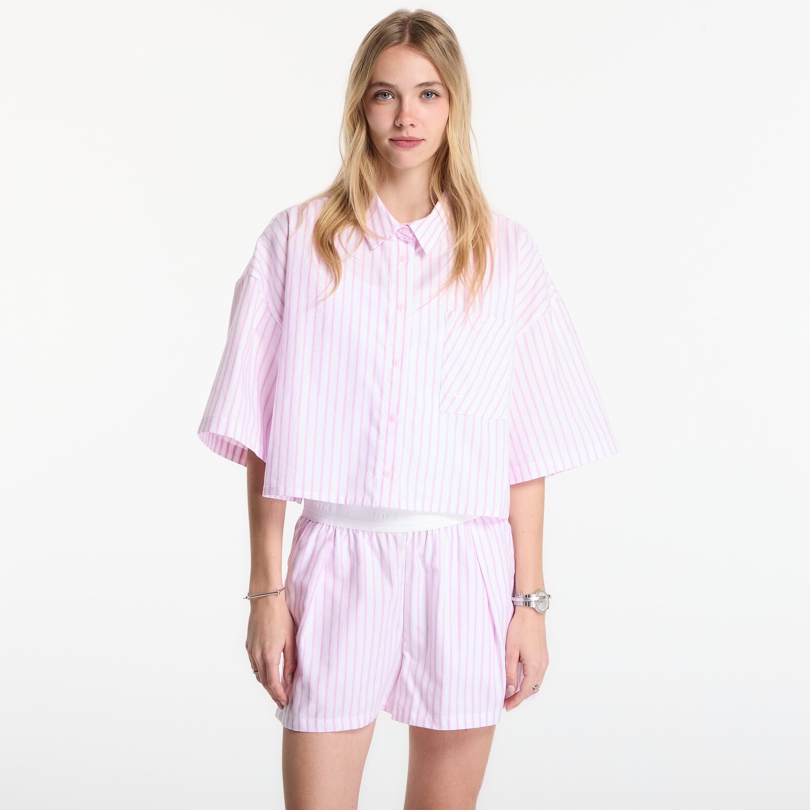Košeľa Nike Sportswear Chill Poplin Women's Oversized Short-Sleeve Top Lt Magenta/ Pink Foam/ Summit White XL