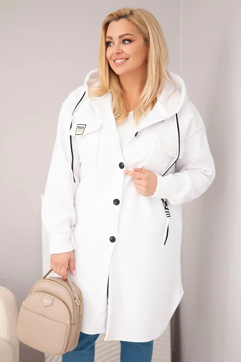 Dámsky plus size kabát s kapucňou, biely