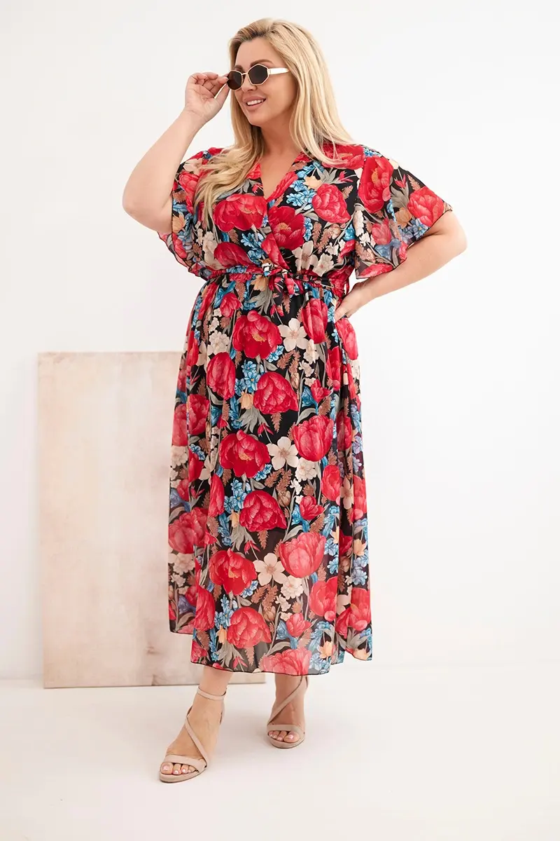 Dámske plus size kvetinové šaty s opaskom