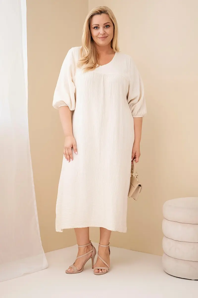 Bavlnené šaty Plus Size s V-výstrihom béžové
