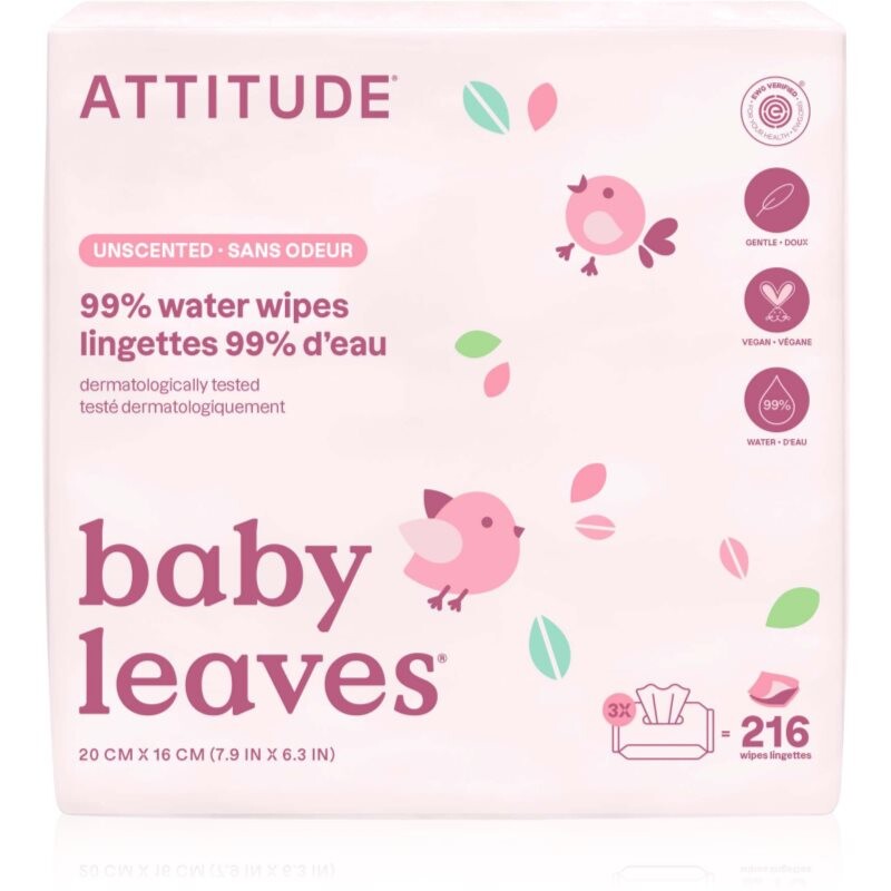 Attitude Baby Leaves Water Wipes vlhčené obrúsky bez parfumácie 3x72 ks