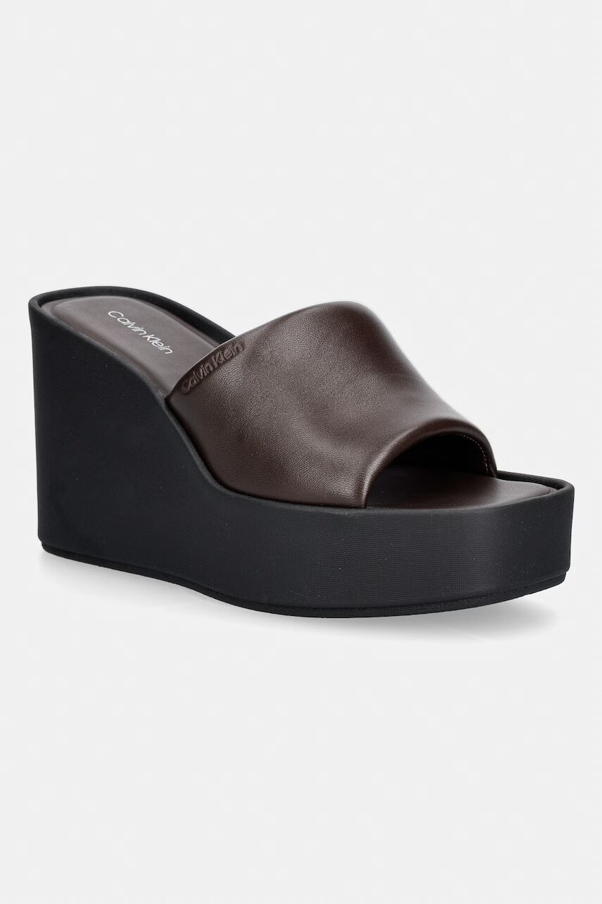 Calvin Klein šľapky na platforme po celej dĺžke dámske kožené WEDGE 70 SNDL MULE LTH