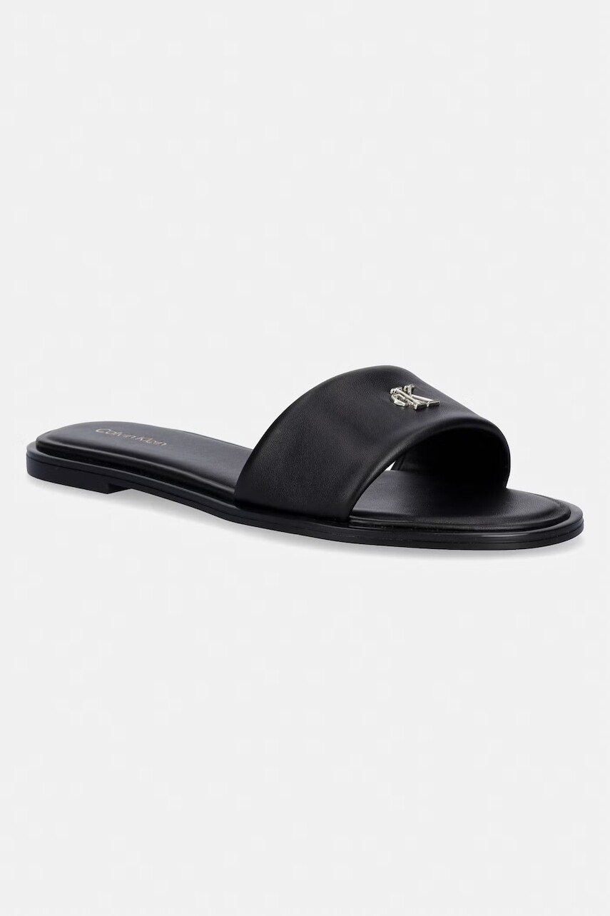 Calvin Klein šľapky dámske kožené ROUND FLAT SNDL LTH BAR HW 2
