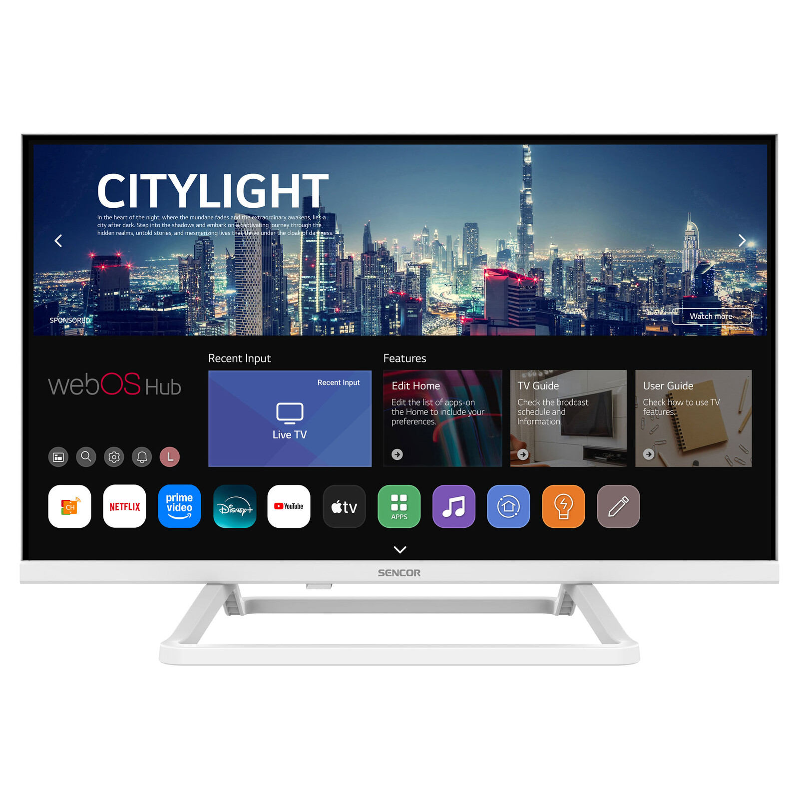 Sencor SLE 24S841MBW WEBOS SMART HD TELEVÍZOR Elegantné biele prevedenie s centrálnym stojanom, Možnosť 12 V napájania (12 V adaptér je súčasťou