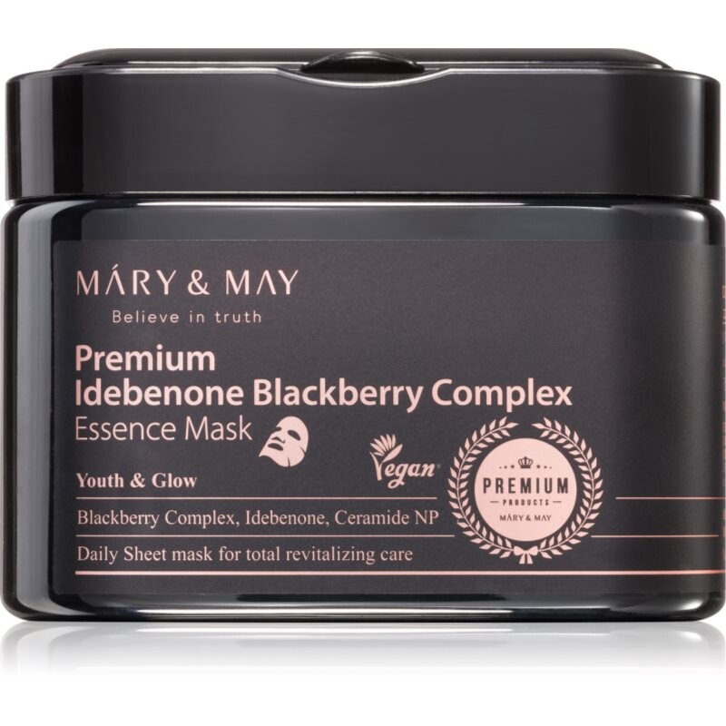 MARY & MAY Prémiová viacúčelová pleťová maska Idebenone Blackberry Complex (Essence Mask) 20 ks