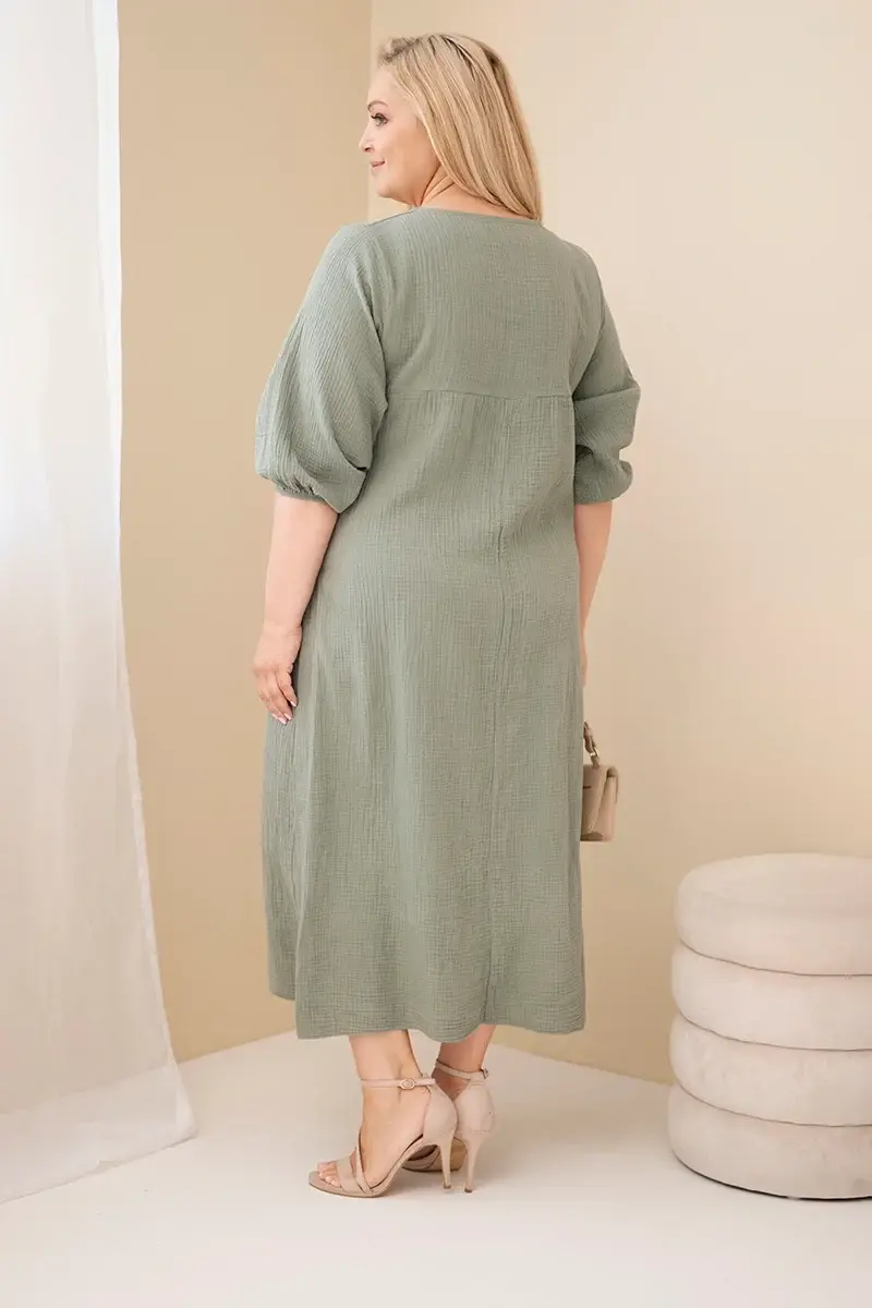 Kesi Plus Size bavlnené šaty s výstrihom do V, khaki