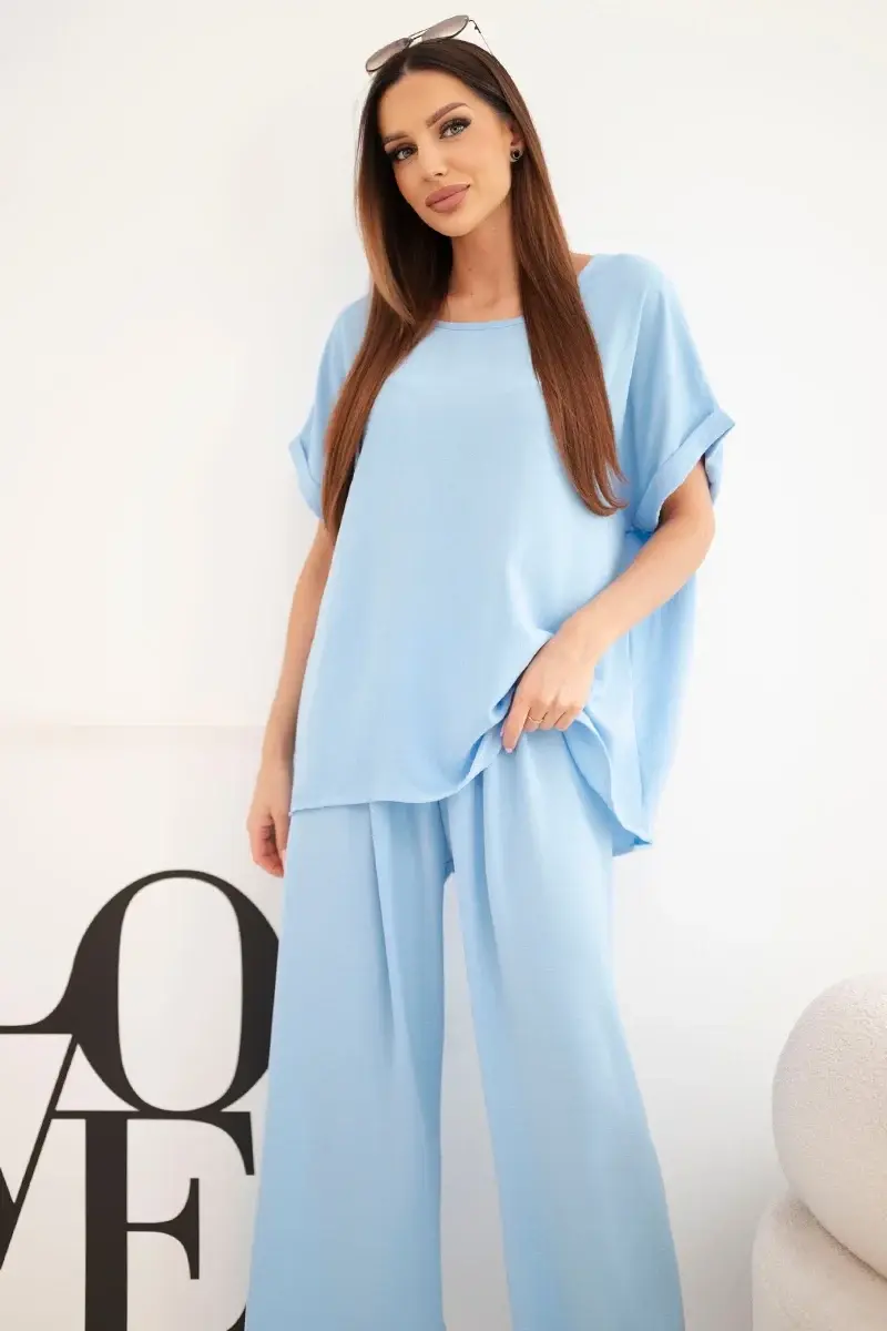 Kesi plus size dámska súprava: top a široké nohavice, modré